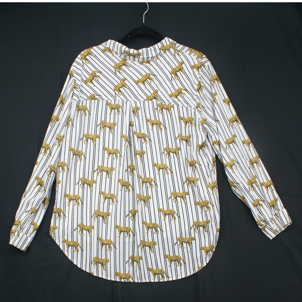 Westbound‎ Women White Black Striped Cheetah Print Roll Tab Button Down Shirt L